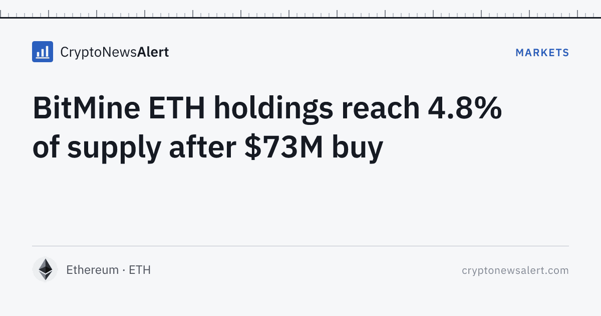 BitMine ETH holdings reach 4.8% of supply after $73M buy — Markets · CryptoNewsAlert feature card