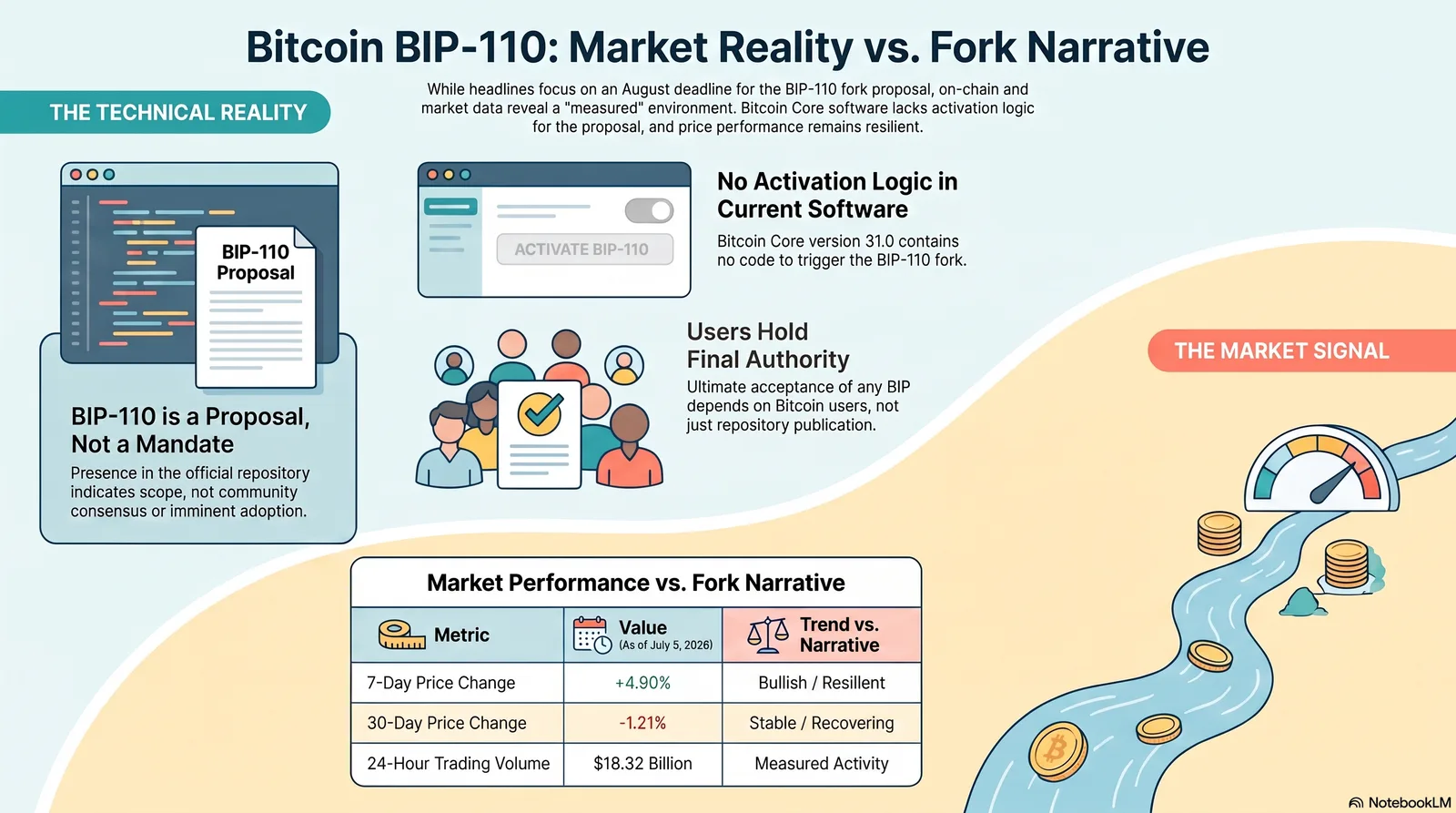 Infographic — Bitcoin BIP-110: market reality vs. fork narrative. BIP-110 is a proposal, not a mandate; Bitcoin Core 31.0 contains no activation logic; users hold final authority. Market table: 7-day price change +4.90%, 30-day −1.21%, 24-hour volume $18.32B.