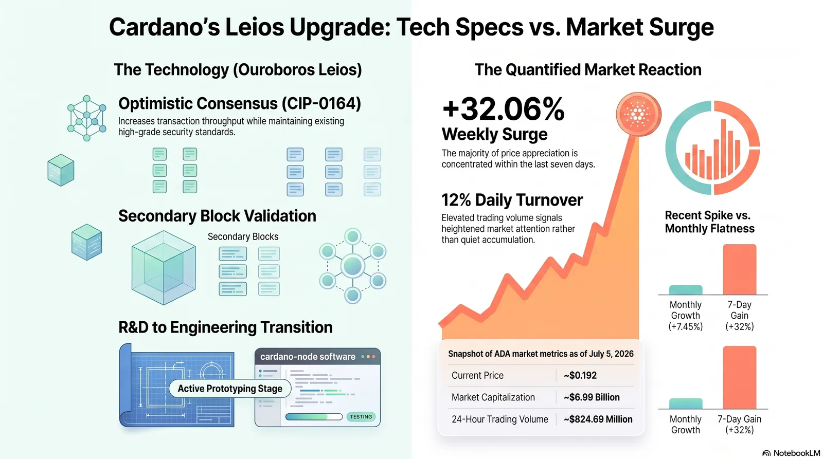 Infographic — Cardano's Leios upgrade: tech specs vs. market surge. Ouroboros Leios brings optimistic consensus (CIP-0164), secondary block validation, and an R&D-to-engineering transition at active prototyping stage. Market snapshot as of July 5, 2026: ADA +32.06% weekly, 12% daily turnover, price ~$0.192, market cap ~$6.99B, 24-hour volume ~$824.69M.